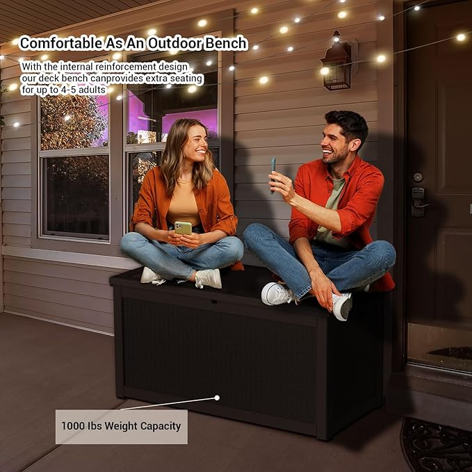 DRATO 260 Gallon Deck Box, Outdoor Large Waterproof Resin Storage Box with Lockable Lid for Patio Cushions, Gardening Tools, Sports Equipment, Black-VerdiqueGarden