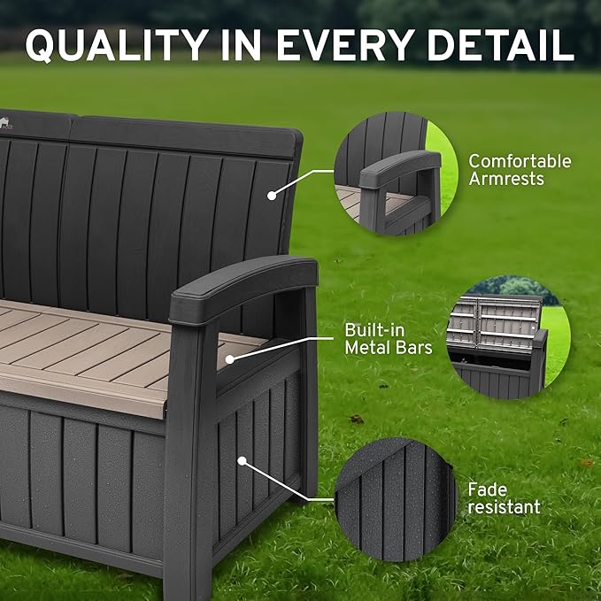 EconoHome 3 Seat Outdoor Storage Bench - 90 Gallon Capacity - Weatherproof Resin Bench for Patio, Porch, Garden, Yard, Pool Area - Furniture for Pool Accessories, Gardening Tools, Toys-VerdiqueGarden