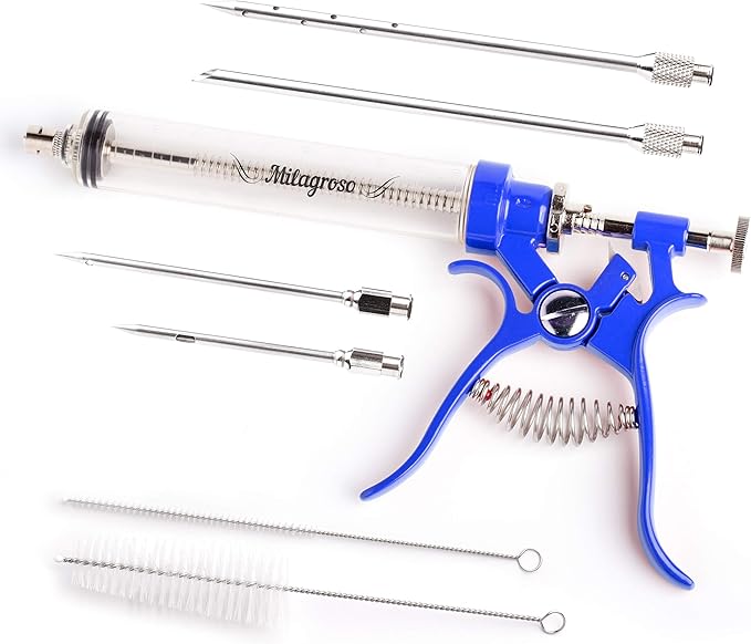 Meat Injector Marinade Gun Stainless Steel Outdoor Kit Flavor Food Syringes & 4 Marinades Needles for BBQ Grill Smoker Injectors Professional Syringe Held Culinary Barbecue Tool (Blue)-VerdiqueGarden
