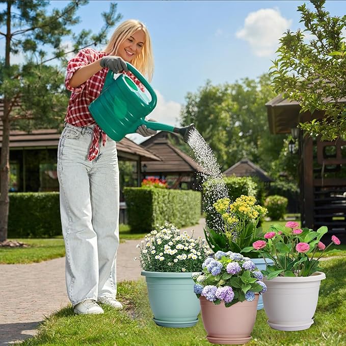 5 Packs 10 inch Plant Pots + Saucer, Planters for Indoor & Outdoor Plants with Drainage Holes | Plastic Flower Pots, Large Planter (White, 10 inch)-VerdiqueGarden