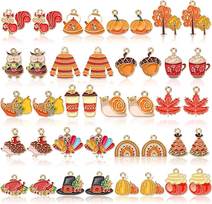 MARFOREVER 40Pcs/20 Pairs Fall Charms, Thanksgiving Charm for Jewelry Making, Autumn Pumpkin Maple Leaf Turkey Enamel Pendants for Bracelet Necklace Earrings Making Accessories