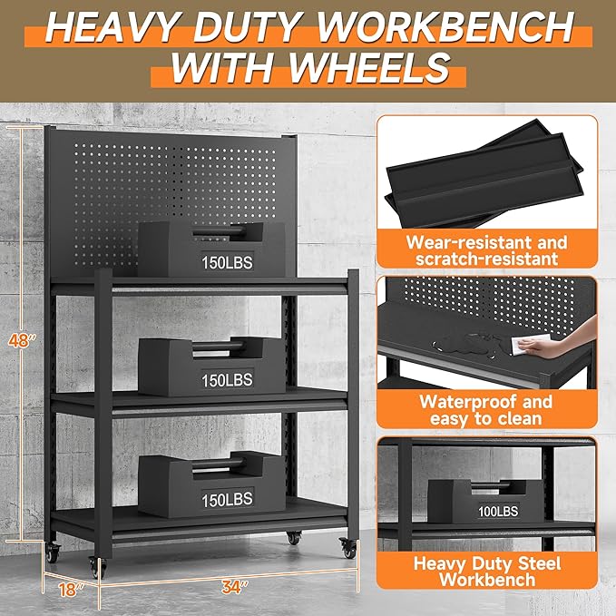 Workbench with Pegboard, Adjustable Heavy Duty Work Table with Wheels, Heavy Duty Workstation, Metal Tool Work Bench for Garage Warehouse Workshop, 48" H x 18" D x 34" W, Black-VerdiqueGarden