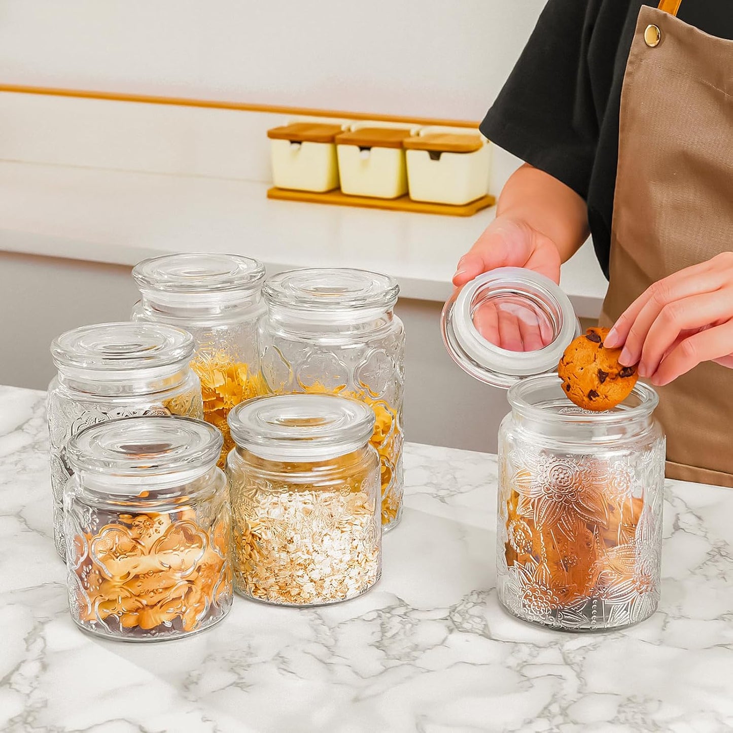 32oz Vintage Glass Jar With Lid, Glass Storage Containers, Airtight Kitchen Storage Containers For Sugar, Coffee, Tea, Spice, Flour, Candy Cookie, Pasta, Cereal, Cute Decorative Jars-VerdiqueGarden