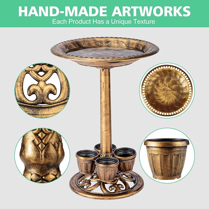 Bird Bath for Outside with 4 Removable Flower Planters 28in Polyresin Lightweight Vintage Birdbath for Outdoors Stake Standing Bowl and Water Feeder Yard Garden Decor Bronze-VerdiqueGarden