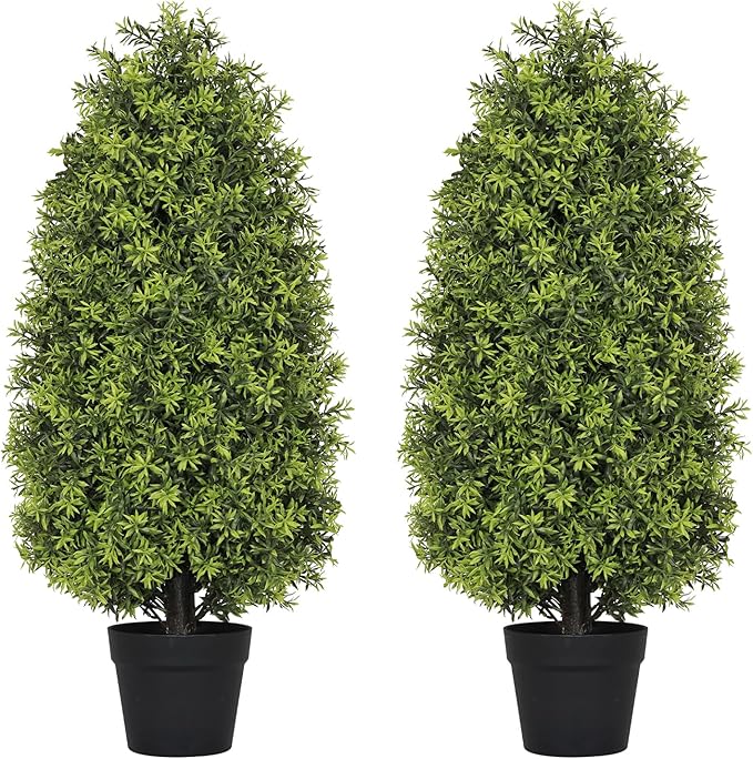 3ft Artificial Boxwood Topiary Trees (Set of 2) - UV Resistant Faux Plants for Outdoor/Indoor, Realistic 36in Fake Bushes and Shrubs for Front Porch, Planter, Patio - Low Maintenance & Evergreen-VerdiqueGarden