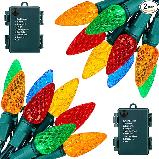 C6 LED Christmas String Lights - 2 Pack 20ft 60LED Battery Operated Strawberry String Lights with Timer and 8 Light Modes for Christmas Trees, Wreaths, Indoor Outdoor Xmas Decor, Multicolor-VerdiqueGarden