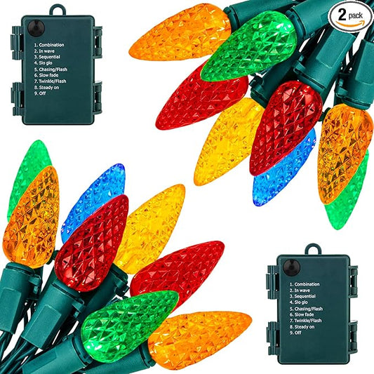C6 LED Christmas String Lights - 2 Pack 20ft 60LED Battery Operated Strawberry String Lights with Timer and 8 Light Modes for Christmas Trees, Wreaths, Indoor Outdoor Xmas Decor, Multicolor-VerdiqueGarden