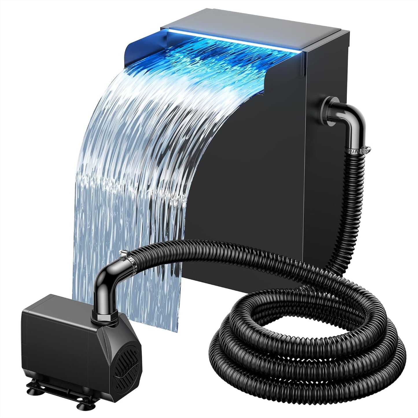 NFESOLAR Pond Waterfall Spillway Kit, Includes Large 7.8" W 13.4" H Stainless Waterfall Box, 660GPH Water Pump, Blue LED Lights for Garden Outdoor Pond 500-1500 Gallons N4213-VerdiqueGarden