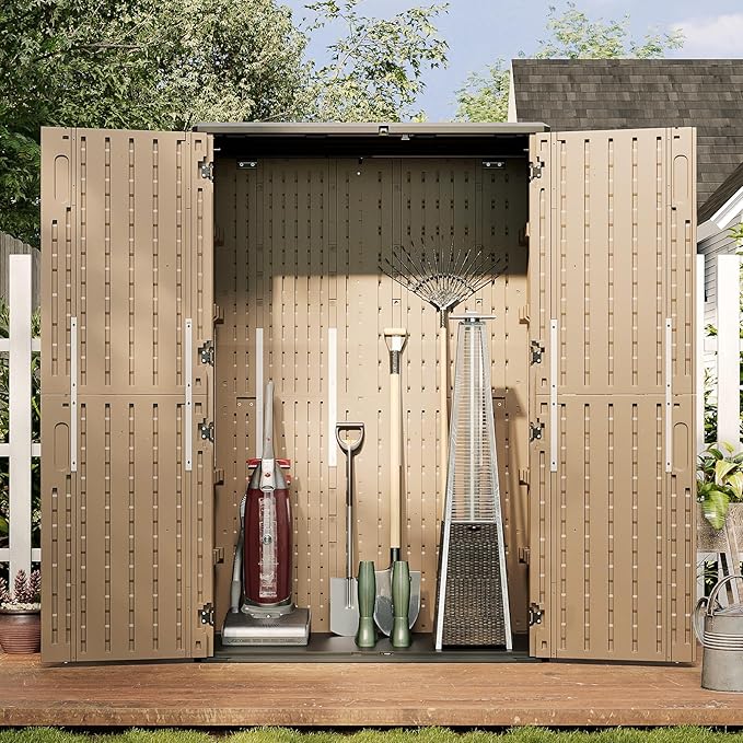 Aoxun Outdoor Storage Shed, 64 Cu.Ft Vertical Storage Sheds Outdoor with Floor, Outdoor Waterproof Storage Cabinet for Garage Storage, Pool Storage, Bike Shed, Garden Shed (Brown)-VerdiqueGarden