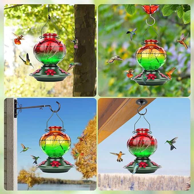 BOLITE Hummingbird Feeder, Glass Hummingbird Feeders for Outdoors Hanging, 22 Ounce, Five Feeding Ports with Perch, Peony Flower Shape, Orange and Green, Gifts for Women Men, Gifts for Mom Dad-VerdiqueGarden
