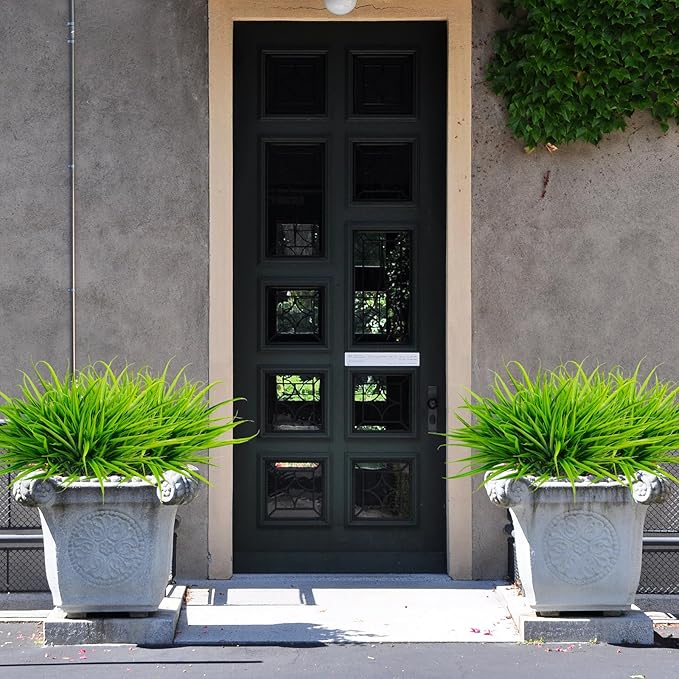 Uieke 28 Bundles Artificial Outdoor Plants UV Resistant Fake Grass Plants Faux Plastic Plants Greenery Shrubs for Home Garden Pathway Window Box Front Porch Spring Summer Decor, Green-VerdiqueGarden