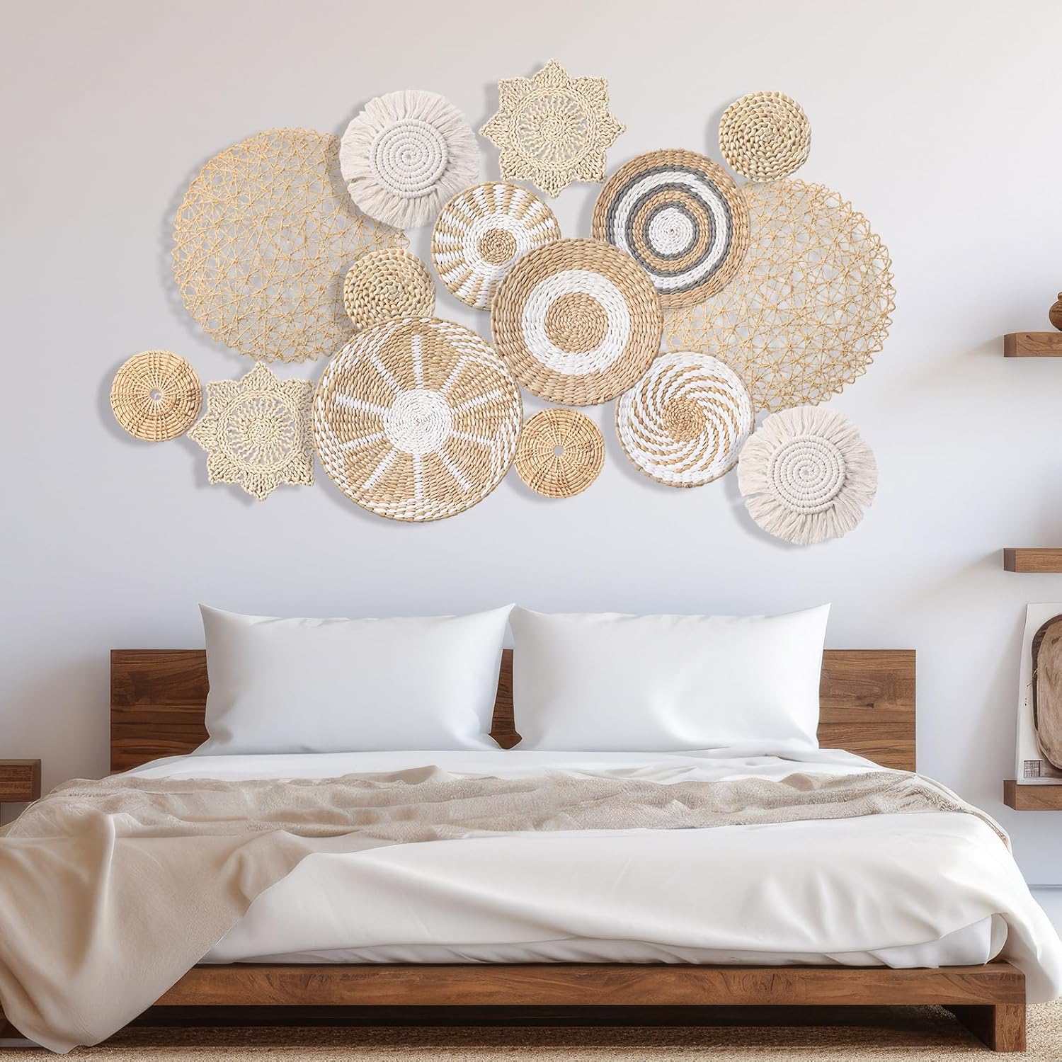 15 Pcs Boho Wall Basket Decor Woven Rattan Seagrass Wall Decor Hanging Rustic Farmhouse Western Art Decoration for Nursery Living Room Bedroom Home Kitchen(Grey White Style)-VerdiqueGarden