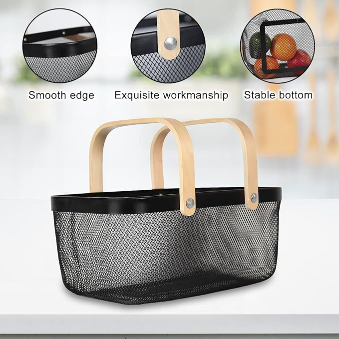 Garden Harvest Basket,Delicate Harvest Basket for Garden Vegetables,Practical Metal Mesh Wire Basket with Handle Suitable for Bathroom,Cabinet,Kitchen(Black)-VerdiqueGarden