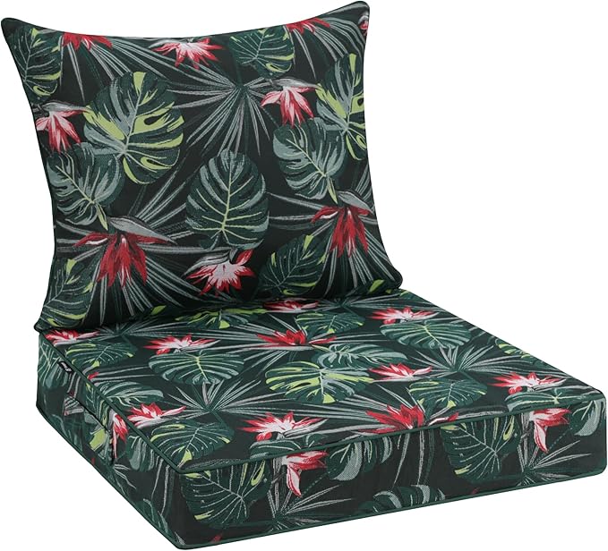 Favoyard Outdoor Seat Cushion 24 x 24 x 4 in Waterproof Pattern Fade Resistant Cover Removable Patio Furniture Cushions Deep Seat & Back Cushion Set with Adjustable Straps for Patio Chair Sofa Couch-VerdiqueGarden