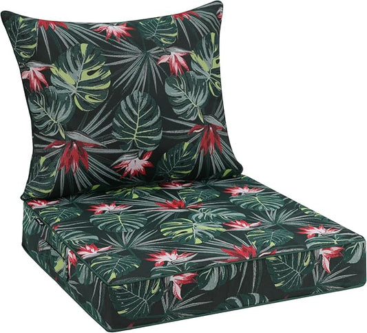 Favoyard Outdoor Seat Cushion 24 x 24 x 4 in Waterproof Pattern Fade Resistant Cover Removable Patio Furniture Cushions Deep Seat & Back Cushion Set with Adjustable Straps for Patio Chair Sofa Couch-VerdiqueGarden