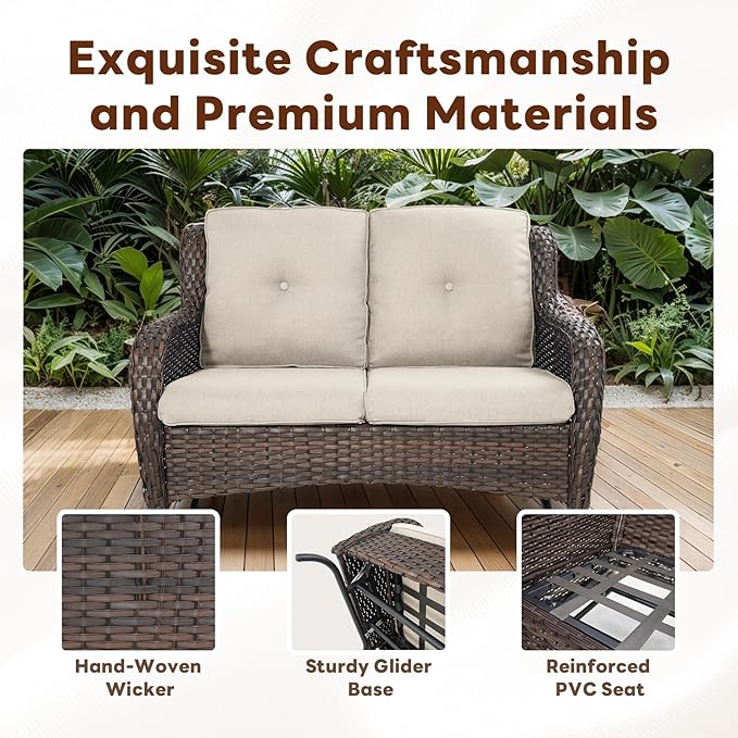 5 Piece Outdoor Patio Furniture Set - Outdoor Conversation Couch and Loveseat Glider Chair Furniture Set with Rattan Coffee Table for Deck Balcony Poolside Brown Wicker/Beige Cushions-VerdiqueGarden