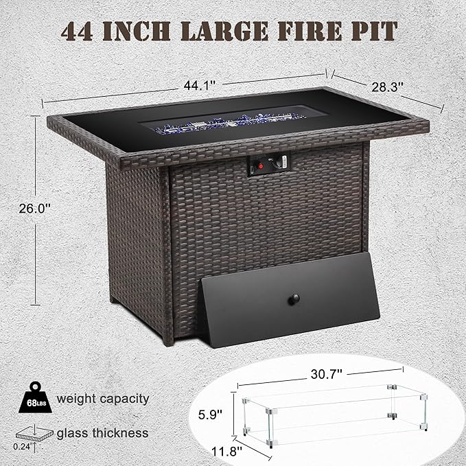 Propane Fire Pit Table,44 Inch 55000 BTU Outdoor Gas Fire Pit Rectangular with Glass Wind Guard for Outside Patio Deck (Brown-Glass Top)-VerdiqueGarden