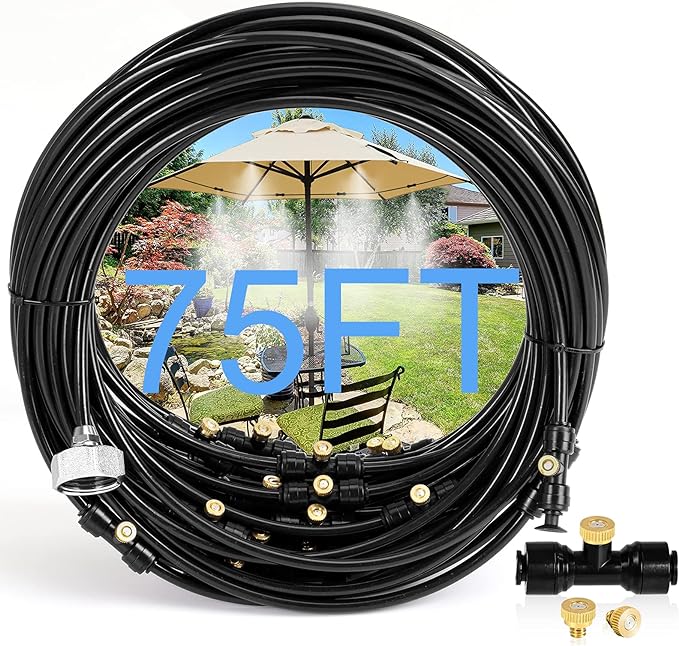Bonviee Misters for Outside Patio - 75FT Misting Cooling System with 28 Brass Nozzles and 3/4" Adapter, 23M DIY Outdoor Misters Kit for Garden, Greenhouse, and Patio Cooling-VerdiqueGarden