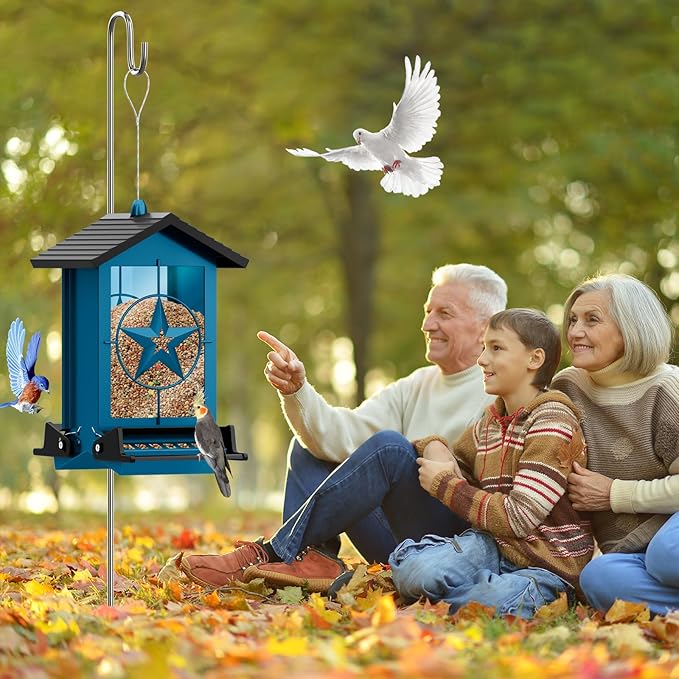 Squirrel Proof Bird Feeder for Outdoors Hanging, Metal Wild Bird Seed Feeder with Bilateral Weight-Activated Perches, 5LB Large Capacity Wild Bird Feeders for Outside Finch, Cardinal, Blue Jay-VerdiqueGarden