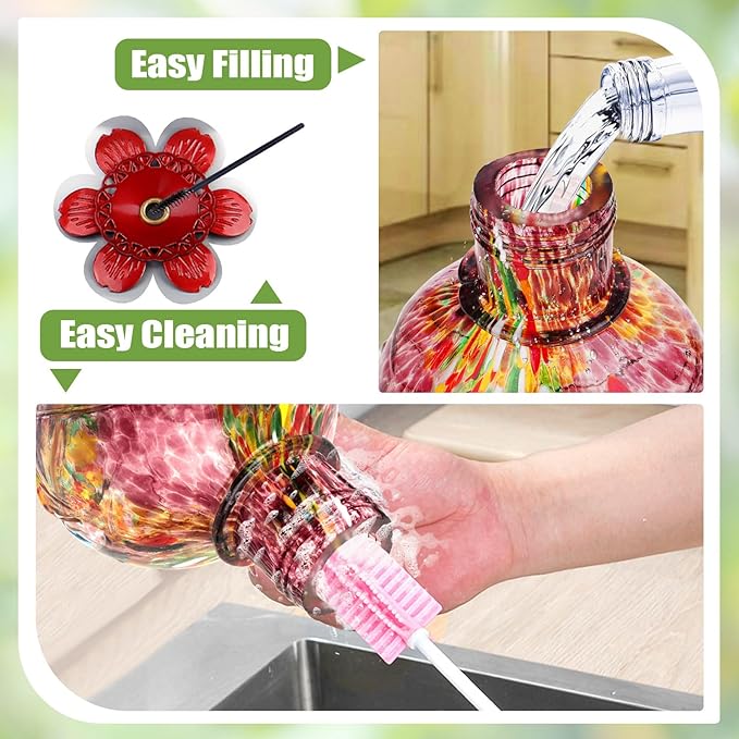 BOLITE Hummingbird Feeder, Hand Blown Glass Hummingbird Feeders for Outdoors Hanging, with Ant Moat and 5 Feeding Ports, 22 Ounces, Peony Flower Shape, Purple, Gifts for Women Men, Gifts for Mom Dad-VerdiqueGarden