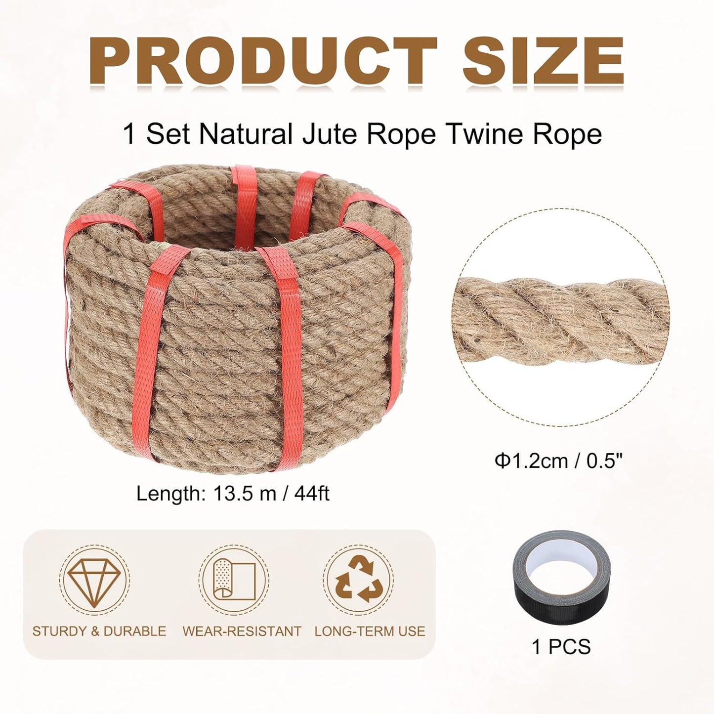 MECCANIXITY Jute Rope 0.5 Inch x 44ft, Thick Twine Rope Ropes Braided Jute Twine Natural Brown Burlap Cord String Heavy Twisted with Tape for Decorative Crafts Railing Swing Tug of War-VerdiqueGarden