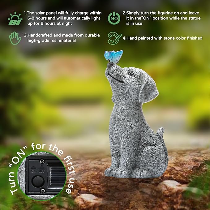 Solar Garden Outdoor Statues Dog with Butterfly Lights, Lawn Decor Puppy Figurine for Patio Balcony Yard, Yard Unique Christmas Birthdays Gift for Mom Grandma-VerdiqueGarden
