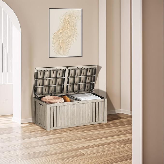 200 Gallon Outdoor Storage Bench Waterproof - Resin Deck Storage Chest for Patio & Pool, Lockable Outdoor Storage Box for Cushions & Tools, UV-Resistant, Granite Grey-VerdiqueGarden