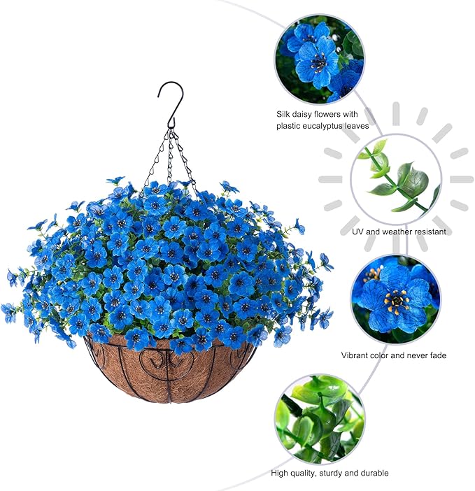Artificial Fake Hanging Plants Flowers with Basket Outdoor Decor Faux Silk Daisy Flower Arrangements in Pot Planter for Porch Home Indoor Patio Garden Yard Decoration, Blue-VerdiqueGarden