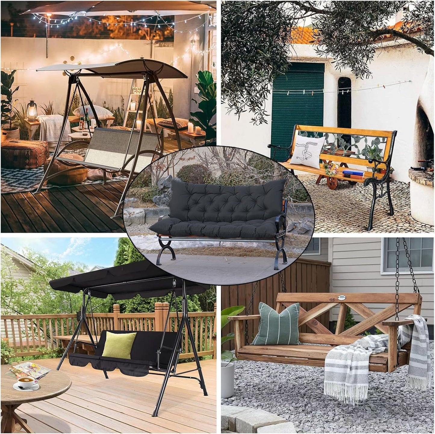 Porch Swing Cushions,Outdoor Cushions 3 Seater Replacement with Backrest, Waterproof Thickened Bench Cushion with Ties for Porch, Patio,Outdoor, Backyard and Garden (Black 60 * 40 in)-VerdiqueGarden