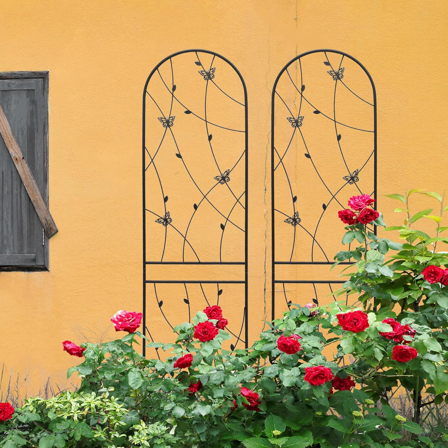 4 Pack Metal Garden Trellis 86.7" Tall Outdoor Climbing Plant Support for Roses, Flowers, Rustproof Durable Black Galvanized Tube, Lawn Garden Fence Decor Screen (4, Black flutter-86.7" H)-VerdiqueGarden