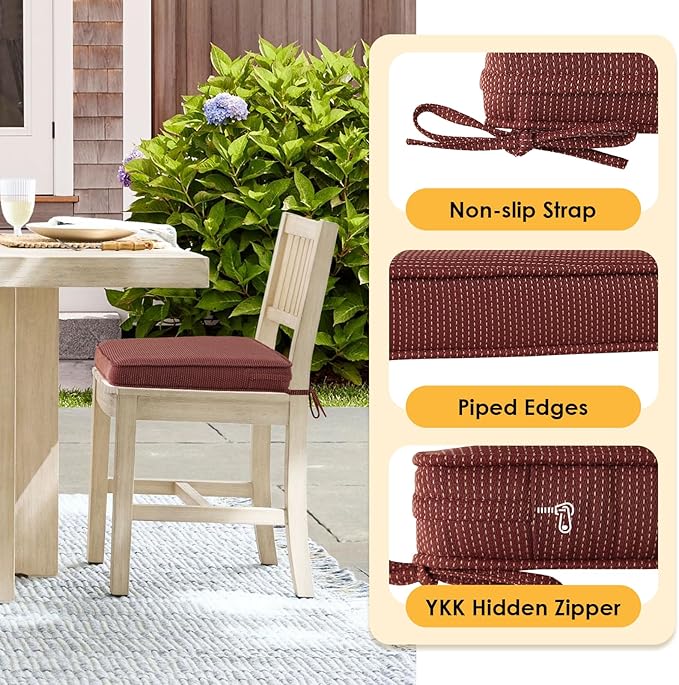 Outdoor Square Corner Seat Cushion, 18.5"x16"x3", Set of 4, Non Slip Seat Cushion Pads with Removable Cover for Patio Furniture, Garden Yard Lawn, Tan Dotted Red Base-VerdiqueGarden
