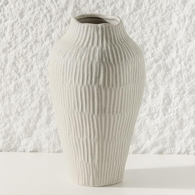 Ceramic Vase for Home Decor,11.6 Inch Flower Vases,Decorative Blue Vase for Pampas Grass,Modern Art Texture Vases for Home Entryway Living Room Dining Table Farmhouse Office Decor(Grey)-VerdiqueGarden