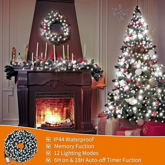 Christmas Light 1000 LEDs 336ft Green Cable Wire Fairy String Tree Twinkle Lights Plug in 12 Modes for Christmas Party, Outdoor, Garden, Wedding, Home Decoration (White)-VerdiqueGarden