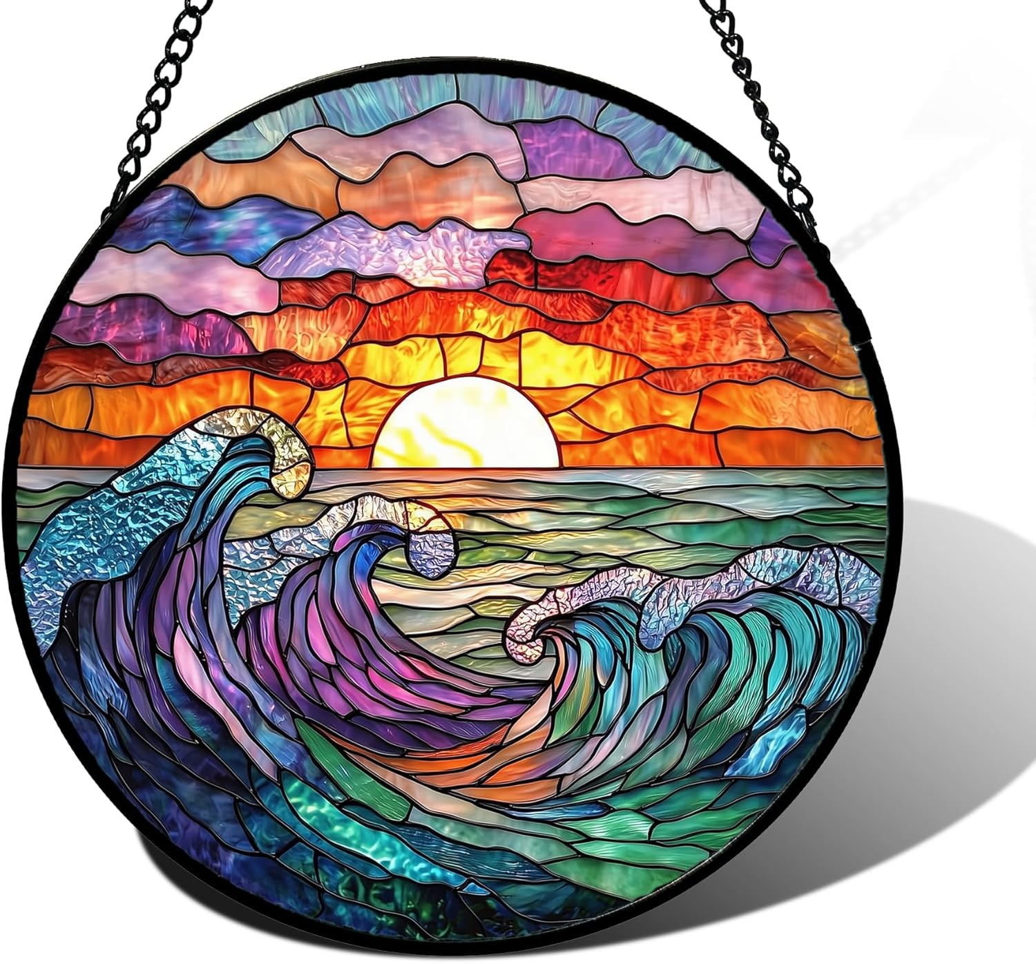 Stained Glass Window Hanging, Clouds and Sea Waves Suncatcher Diamond Glass Panel Hangings Scenery Sun Catchers Decor for Birthday for Women, Men, Wife, Aunt, and Mom 7.8 in-VerdiqueGarden