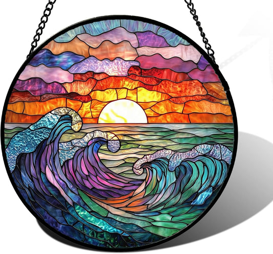 Stained Glass Window Hanging, Clouds and Sea Waves Suncatcher Diamond Glass Panel Hangings Scenery Sun Catchers Decor for Birthday for Women, Men, Wife, Aunt, and Mom 7.8 in-VerdiqueGarden