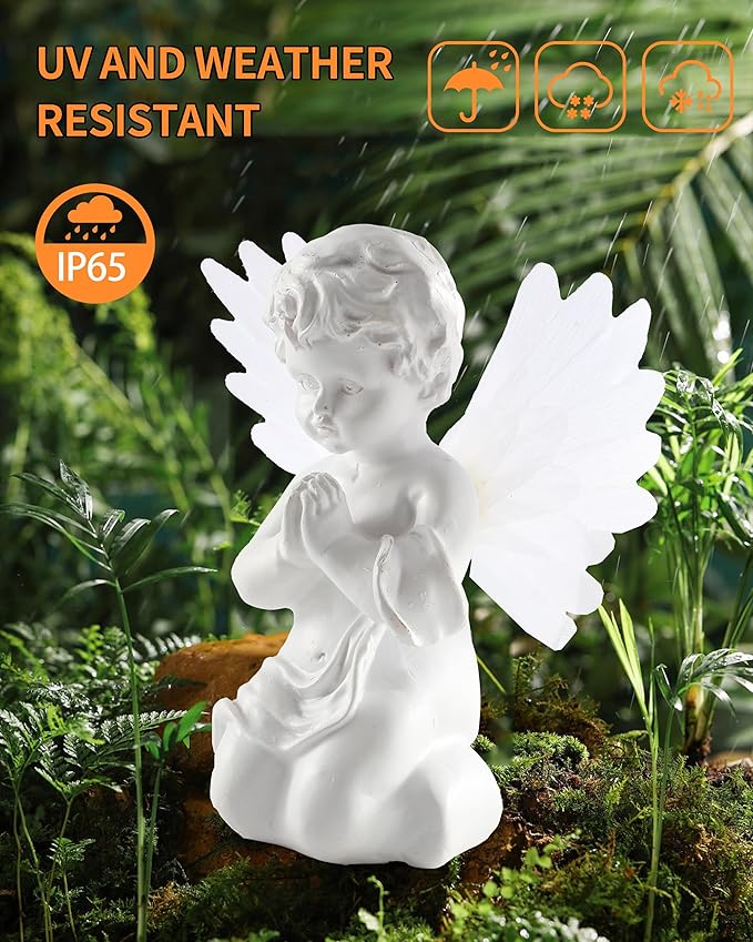 iStatue Solar Praying Cherub Angel Light with Fibre Optic Wings - 7.1'' Sympathy Remembrance Memorial Gift for Grave Ornaments Garden Decor (Kneeling Angel)-VerdiqueGarden