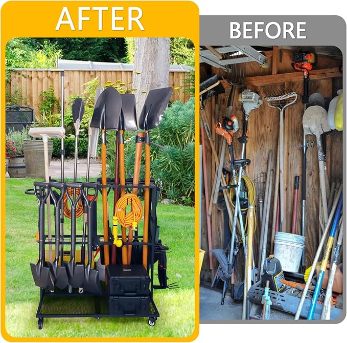 Garden Tool Organizer - Heavy Duty Garage Storage and Organization with Wheels - Large Garden Tool Storage Holder for Lawn Yard Patio Shed,Garage Shovel Rack-VerdiqueGarden