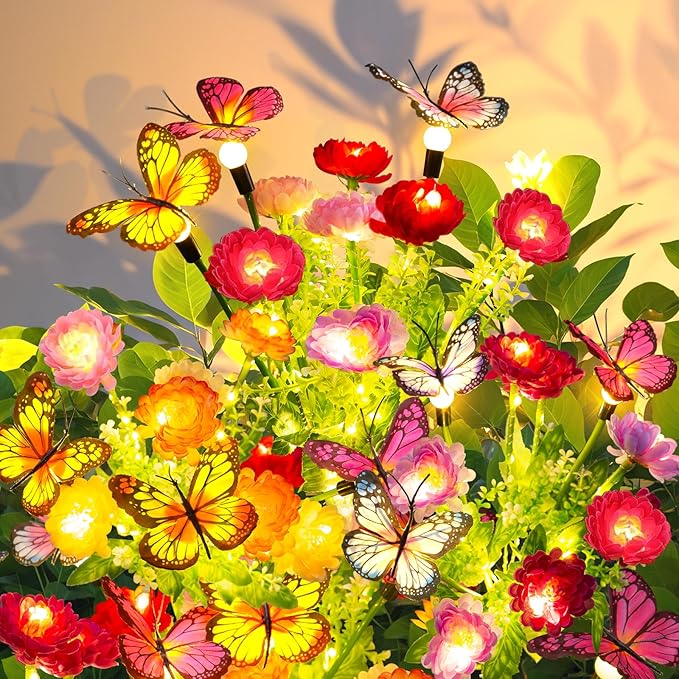 Solar Garden Lights, 3 Pack Swaying Solar Lights with 9 Butterflies & 21 Blooming Flowers, Solar Flowers Lights Outdoor Waterproof, Auto On/Off Solar Outdoor Lights for Yard Patio, Gift-VerdiqueGarden