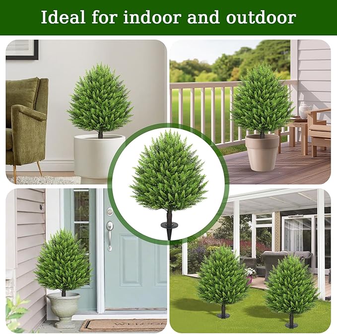 31" Artificial Cedar Topiary Ball Trees with Ground Spike,2 Pack Fake Pine Shrubs Bushes, UV Resistant Faux Evergreen Cypress Tree Plants for Indoor Outdoor Planters Front Porch Garden Decor-VerdiqueGarden