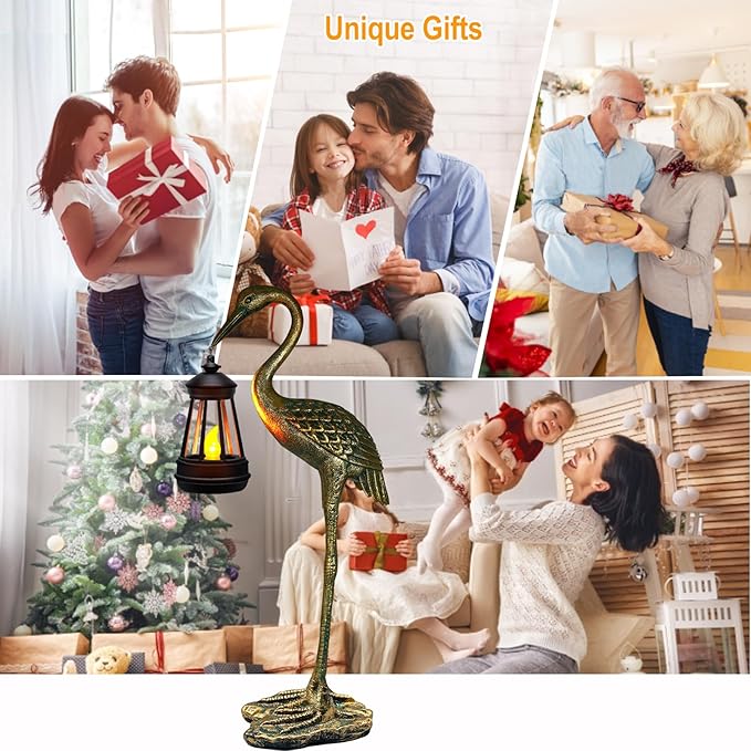 Solar Garden Statue Crane Figurine, Outdoor Hanging Solar Lanterns, Blue Heron Sculpture Statue for Patio, Yard, Lawn, Porch, Garden Decor for Outside Gifts for Christmas Mom, Women, Mother's Day-VerdiqueGarden