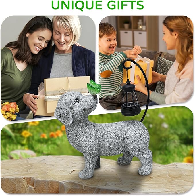 Solar Garden Outdoor Statues Dog with Butterfly Solar Lantern, Lawn Decor Puppy Figurine for Patio Balcony Yard, Yard Unique Christmas Birthdays Gift for Mom Grandma-VerdiqueGarden