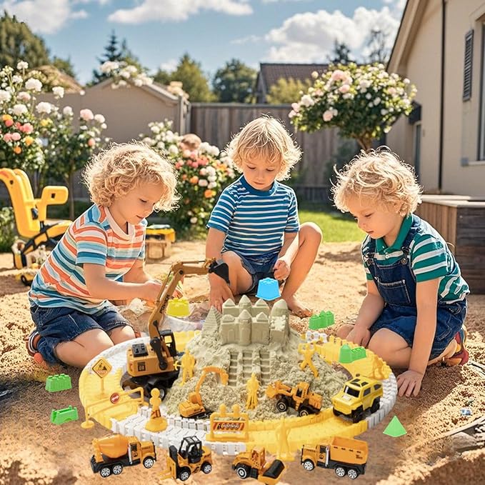 Sand Construction Kit, 2.2lbs Play Sand with Sandbox, 1 Toy Mat 8 Alloy Construction Trucks Race Tracks 10 Sand Molds Sensory Bin Toys for Toddlers Boys Girls Ages 3-8-VerdiqueGarden