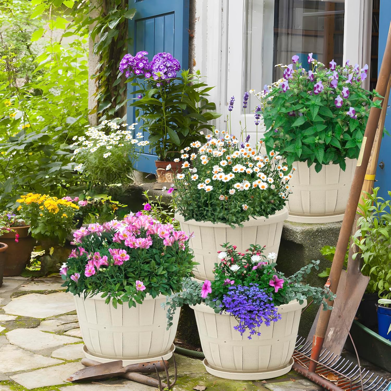 Quarut Plant Planters Pots Set of 4 Pack 16 Inch，Large Plastic Flower Pot for Indoor Plants with Drainage Holes & Trays, Whiskey Barrel Planters with Saucer for House Outdoor Garden Plant（White）-VerdiqueGarden