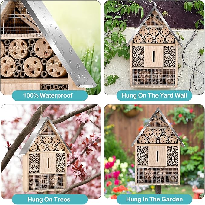 Wooden Mason Insect Bee Butterfly House,Insect Hotel,an Outdoor Hanging Bamboo Habitat for Bee Butterfly Ladybugs Live,Bee Box,Butterfly Habitat for Garden,9 x 15.7 x 2.5 Inch-VerdiqueGarden