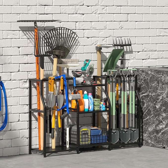 keomaisyto Garden Tool Organizer, Heavy Duty Yard Tool Tower Rack for Garage Organization and Storage, 3 Tier Utility Garden Tool Rack with hooks for Garden/Shed/Garage/Yard/Basement/Lawn-VerdiqueGarden