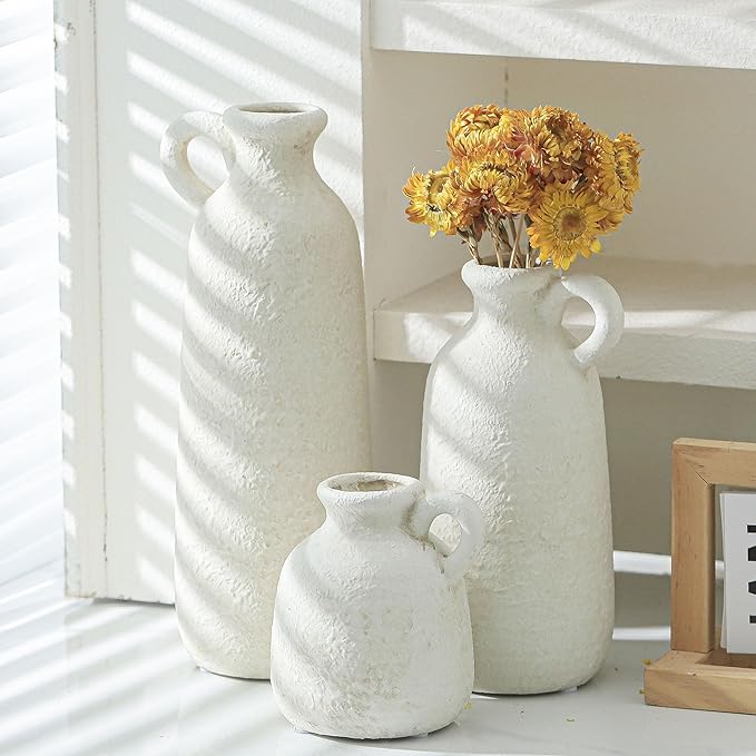 Ceramic Vase Set of 3 with Handle, Neutral Rustic Vases Home Decor Farmhouse Decorative Vase Whitewashed Pottery Decor Modern for Table Mantel Entryway Bookshelf Living Room Kitchen Bedroom - White-VerdiqueGarden