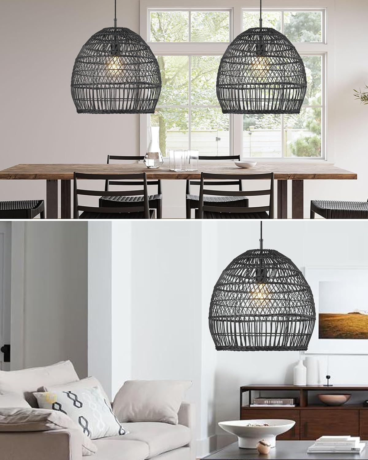 ELYONA 16” Large Rattan Pendant Light, Modern Black Wicker Chandelier, Hand Woven Boho Basket Hanging Light Fixtures for Farmhouse Dining Room Kitchen Island Living Room Bedroom Foyer (40cm*40cm)-VerdiqueGarden