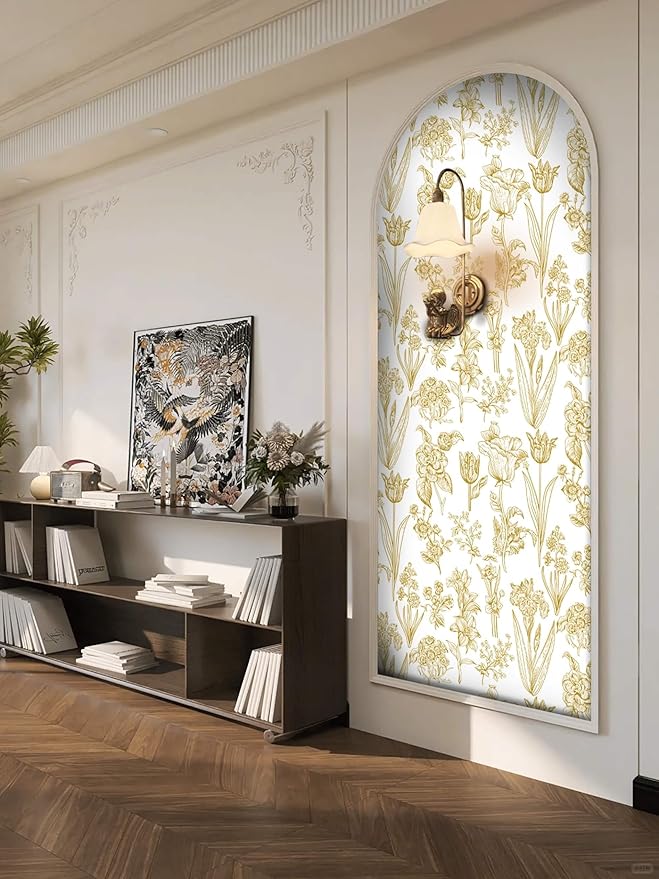 Dimoon 393"x17.3" Floral Wallpaper Peel and Stick Flowers Golden White Contact Paper Thicken Waterproof Modern Self Adhesive Plants Wallpaper Removable Wall Paper Shelf Vinyl Roll-VerdiqueGarden