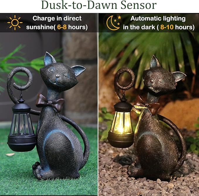 Whimsical Solar Cat Statue Decor with Solar Lantern - Unique Outdoor Spring Garden Decor for Patio, Balcony and Yard Art Lights - Ideal Mothers Day Birthday Gifts for Mom,Grandma,Women and Cat Lovers-VerdiqueGarden