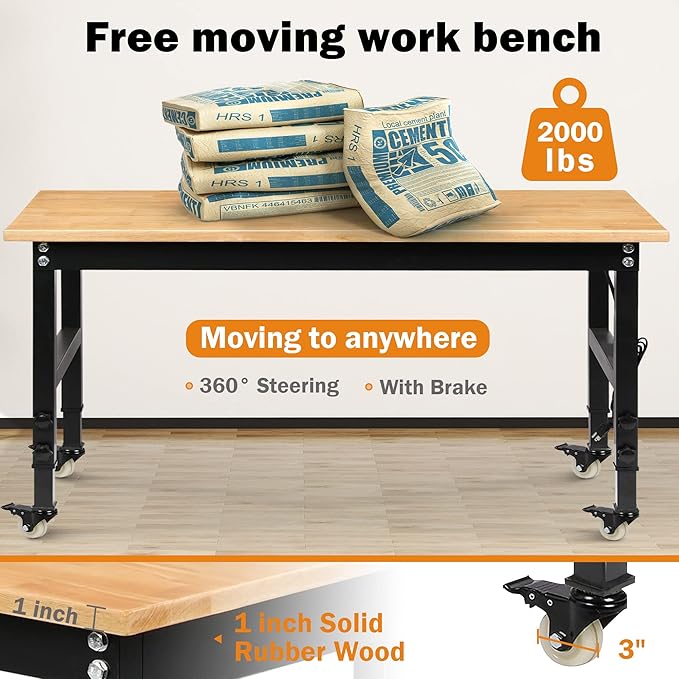 60" Adjustable Workbench for Garage, Rubber Wood Heavy Duty Workstation with Power Outlets & Wheels, 2000 LBS Load Capacity Hardwood Worktable for Workshop, Garage, Office, Home, Commercial-VerdiqueGarden